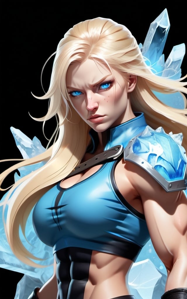 Prompt: Female figure. Greater bicep definition. Sharper, clearer blue eyes. Nosebleed. Long Blonde hair flapping. Frostier, glacier effects. Fierce combat stance. Raging Fists. Icy Knuckles.