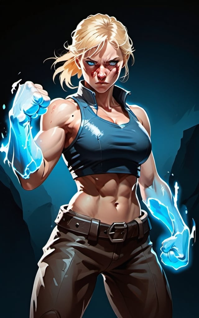 Prompt:  Female figure. Greater bicep definition. Sharper, clearer blue eyes. Blonde hair  flapping. Nose bleed. Frostier, glacier effects. Fierce combat stance. Raging Fists. 