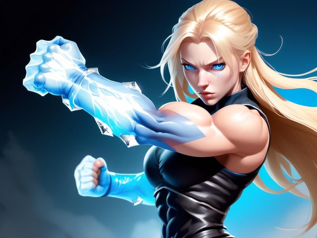 Prompt: Female figure. Greater bicep definition. Sharper, clearer blue eyes. Nosebleed. Long Blonde hair flapping. Frostier, glacier effects. Fierce combat stance. Raging Fists. Icy Knuckles.