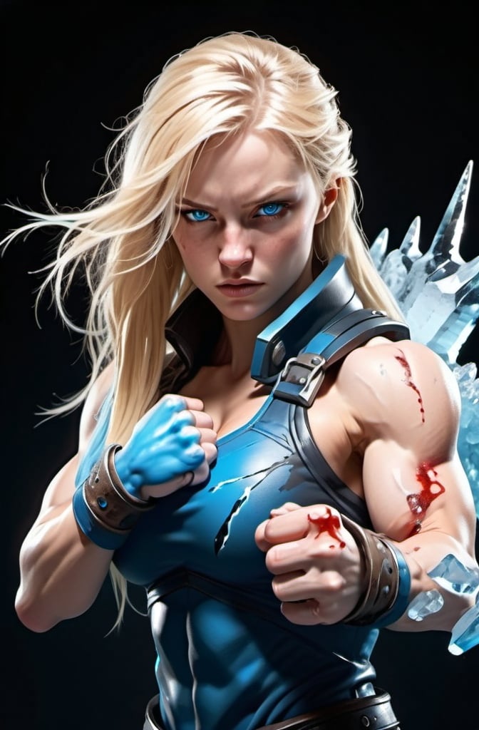 Prompt: Female figure. Greater bicep definition. Sharper, clearer blue eyes. Bleeding. Long Blonde hair flapping. Frostier, glacier effects. Fierce combat stance. Icy Knuckles.