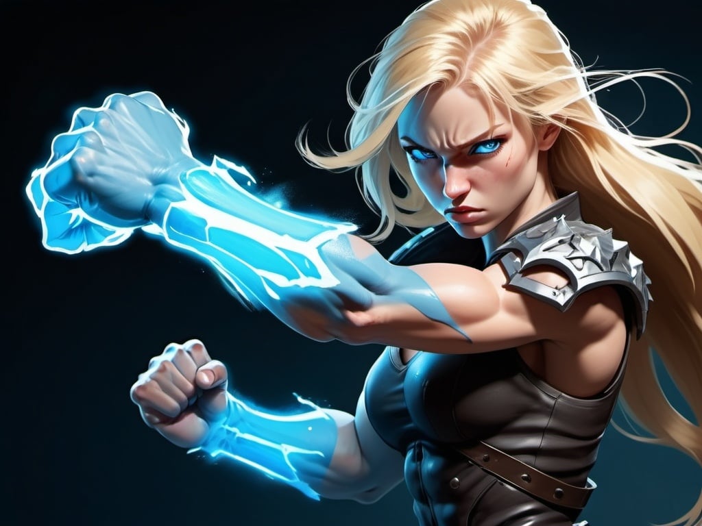 Prompt: Female figure. Greater bicep definition. Sharper, clearer blue eyes. Nosebleed. Long Blonde hair flapping. Frostier, glacier effects. Fierce combat stance. Raging Fists. 