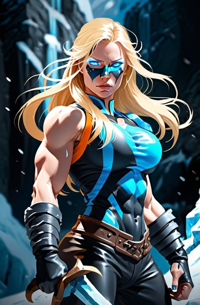 Prompt: Female figure. Greater bicep definition. Sharper, clearer blue eyes. Nosebleed. Long Blonde hair flapping. Frostier, glacier effects. Fierce combat stance. Icy Knuckles.