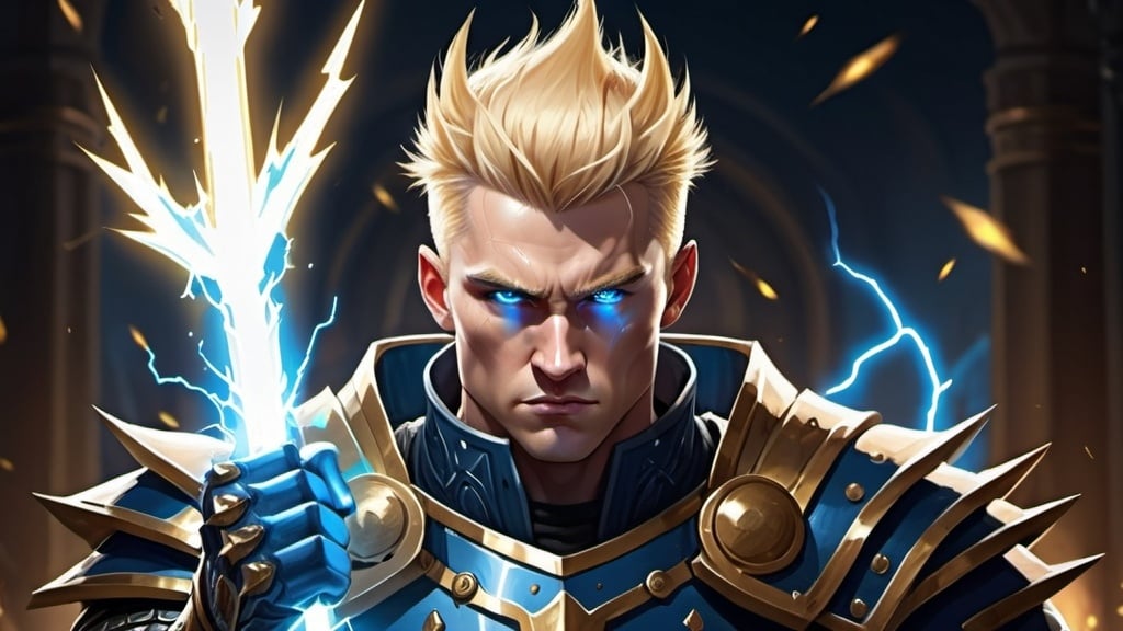 Prompt: Male Figure. Strong. Spikey Blonde hair. Clean shaven. Blue eyes. Emperor. Wearing a warrior Gauntlet. Electricity claws. Lighting background. Leading an Army.  