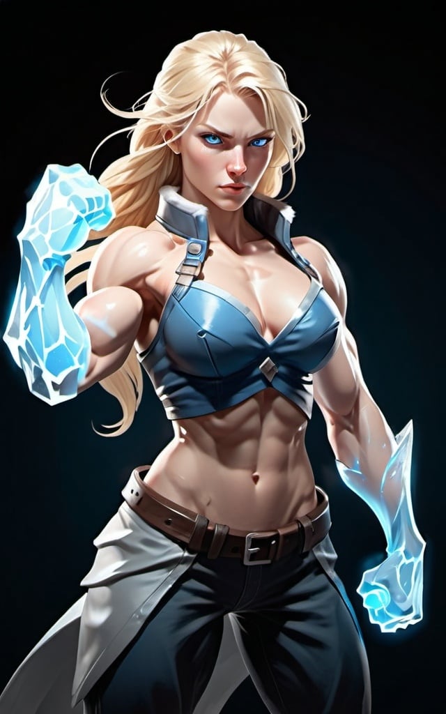 Prompt: Female figure. Greater bicep definition. Sharper, clearer blue eyes. Long Blonde hair flapping. Frostier, glacier effects. Fierce combat stance. Icy Knuckles.