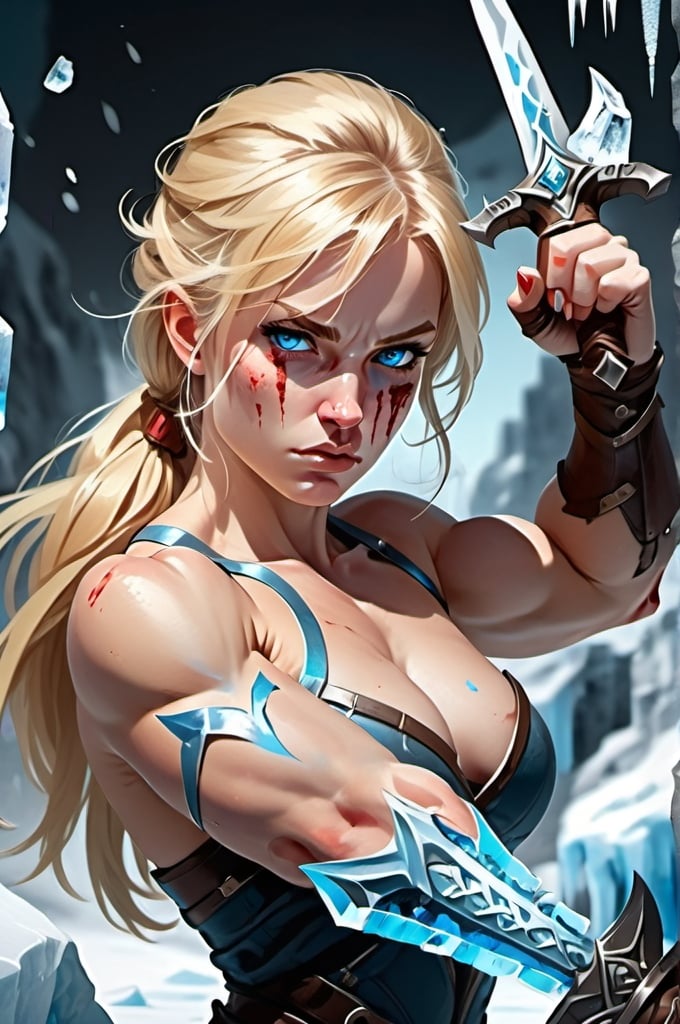 Prompt:  Female figure. Greater bicep definition. Sharper, clearer blue eyes. Blonde hair flapping. Nose bleed. Frostier, glacier effects. Fierce combat stance. Holding ice daggers. 