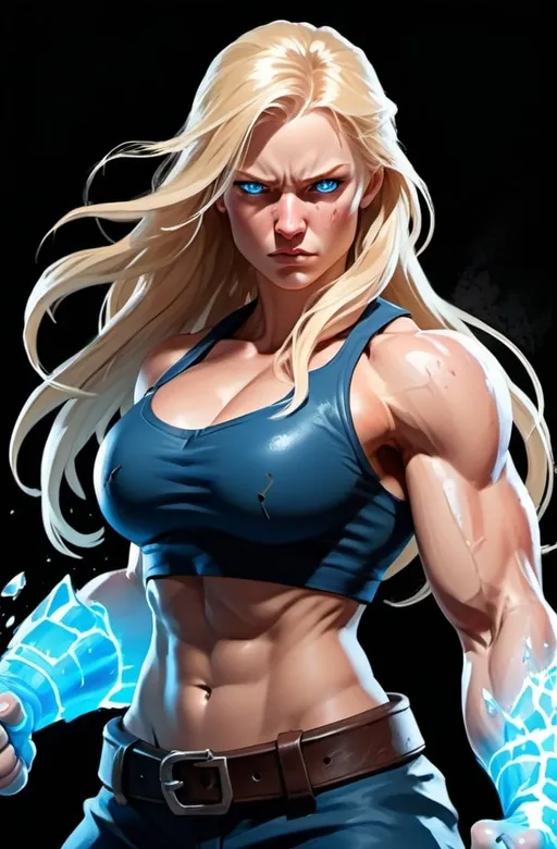 Prompt: Female figure. Greater bicep definition. Sharper, clearer blue eyes. Nosebleed. Long Blonde hair flapping. Frostier, glacier effects. Fierce combat stance. Raging Fists. Icy Knuckles. 