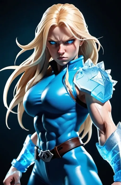 Prompt: Female figure. Greater bicep definition. Sharper, clearer blue eyes. Nosebleed. Long Blonde hair flapping. Frostier, glacier effects. Fierce combat stance. Raging Fists. Icy Knuckles. Blue outfit. 