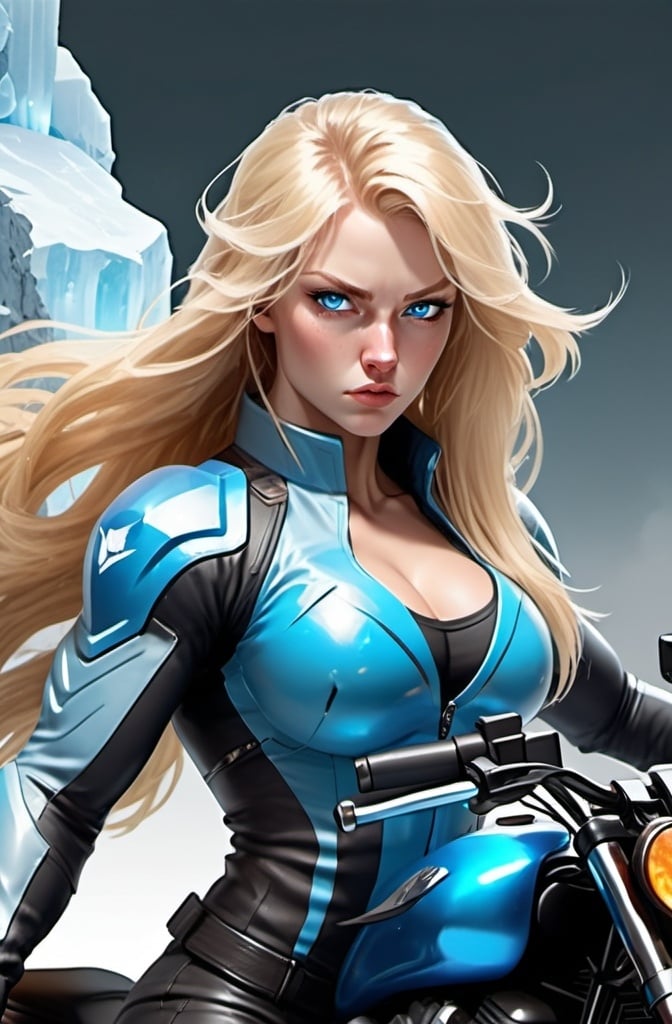 Prompt: Female figure. Greater bicep definition. Sharper, clearer blue eyes. Nosebleed. Long Blonde hair flapping. Frostier, glacier effects. Fierce combat stance. Icy Knuckles. Riding Motorcycle. 