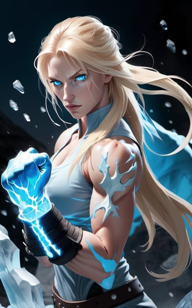 Prompt: Female figure. Greater bicep definition. Sharper, clearer blue eyes. Nosebleed. Long Blonde hair flapping. Frostier, glacier effects. Fierce combat stance. Raging Fists. Icy Knuckles.