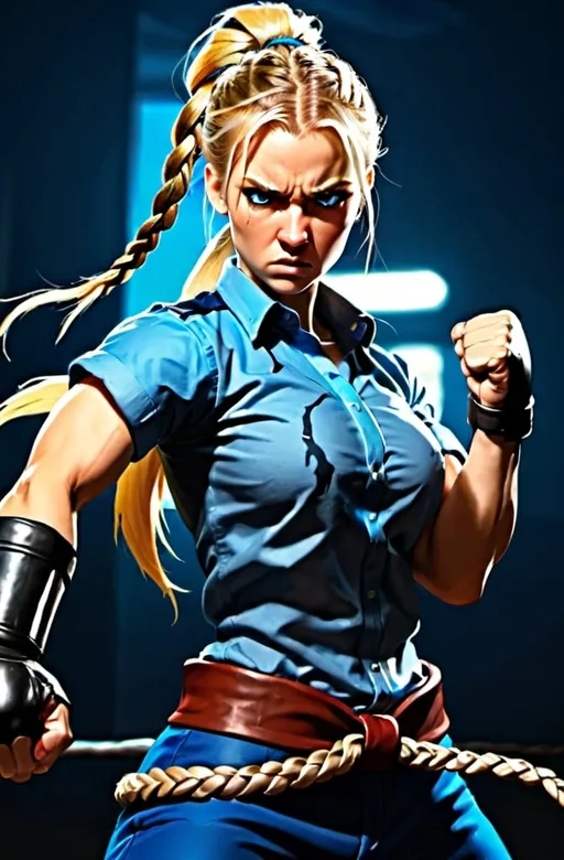 Prompt: Female Figure. Blonde hair. Braided ponytail. Fierce combat stance. Raging Fists. Wearing a Blue shirt. 