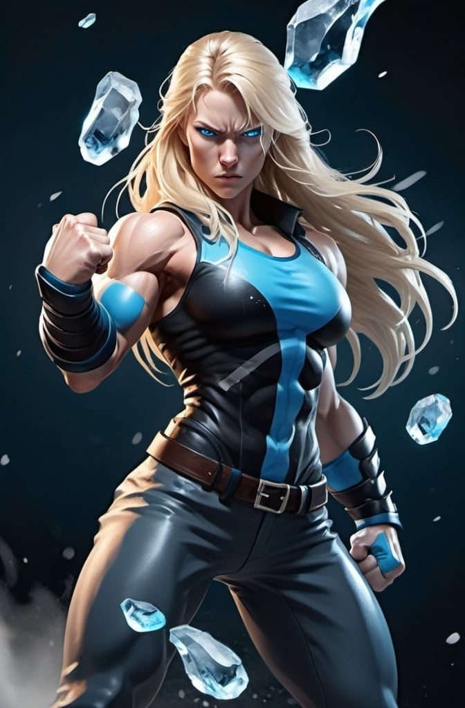 Prompt: Female figure. Greater bicep definition. Sharper, clearer blue eyes. Nosebleed. Long Blonde hair flapping. Frostier, glacier effects. Fierce combat stance. Raging Fists. Icy Knuckles. Blue outfit. 