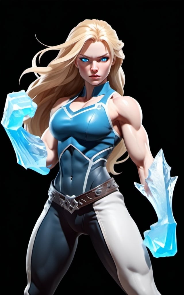 Prompt: Female figure. Greater bicep definition. Sharper, clearer blue eyes. Long Blonde hair flapping. Frostier, glacier effects. Fierce combat stance. Icy Knuckles. 