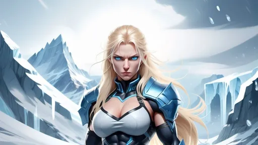 Prompt: Female figure. Greater bicep definition. Sharper, clearer blue eyes. Nosebleed. Long Blonde hair flapping. Frostier, glacier effects. Fierce combat stance. Raging Fists. Icy Knuckles.