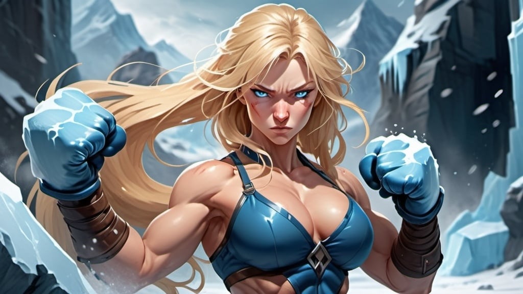 Prompt: Female figure. Greater bicep definition. Sharper, clearer blue eyes. Nosebleed. Long Blonde hair flapping. Frostier, glacier effects. Fierce combat stance. Raging Fists. Icy Knuckles.