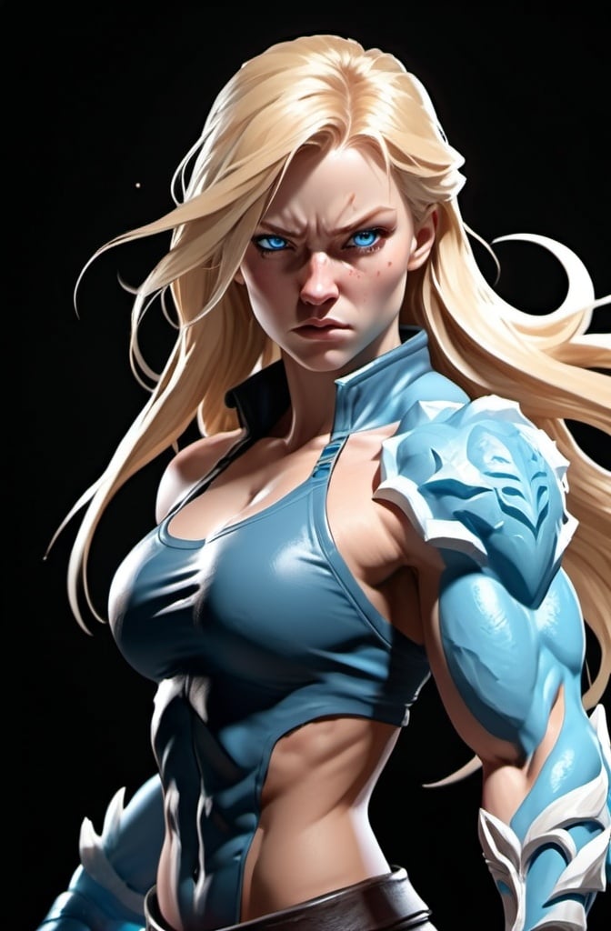 Prompt: Female figure. Greater bicep definition. Sharper, clearer blue eyes. Nosebleed. Long Blonde hair flapping. Frostier, glacier effects. Fierce combat stance. Raging Fists. Icy Knuckles.