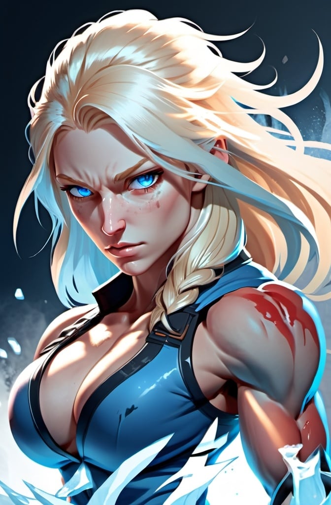 Prompt:  Female figure. Greater bicep definition. Sharper, clearer blue eyes. Nosebleed. Long Blonde hair flapping. Frostier, glacier effects. Fierce combat stance. Raging Fists. Icy Knuckles. 