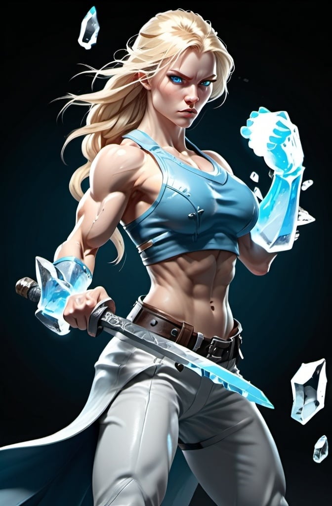 Prompt: Female figure. Greater bicep definition. Sharper, clearer blue eyes. Long Blonde hair flapping. Frostier, glacier effects. Fierce combat stance. Ice Fists.