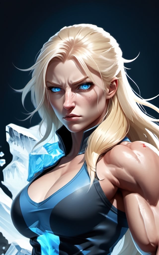 Prompt: Female figure. Greater bicep definition. Sharper, clearer blue eyes. Nosebleed. Long Blonde hair flapping. Frostier, glacier effects. Fierce combat stance. Raging Fists. Icy Knuckles.