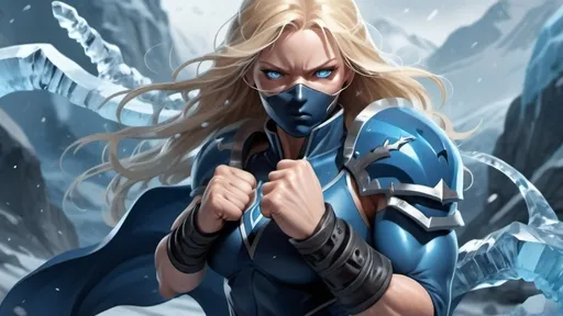 Prompt: Female figure. Greater bicep definition. Sharper, clearer blue eyes. Nosebleed. Long Blonde hair flapping. Blue outfit. Frostier, glacier effects. Fierce combat stance. Raging Fists. Icy Knuckles. 