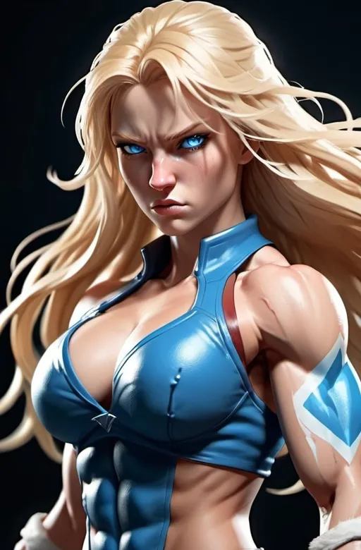 Prompt: Female figure. Greater bicep definition. Sharper, clearer blue eyes. Nosebleed. Long Blonde hair flapping. Frostier, glacier effects. Fierce combat stance. Raging Fists. Icy Knuckles. 