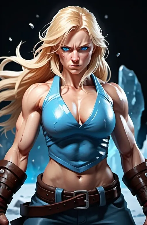 Prompt: Female figure. Greater bicep definition. Sharper, clearer blue eyes. Nosebleed. Long Blonde hair flapping. Frostier, glacier effects. Fierce combat stance. Raging Fists. Icy Knuckles. 