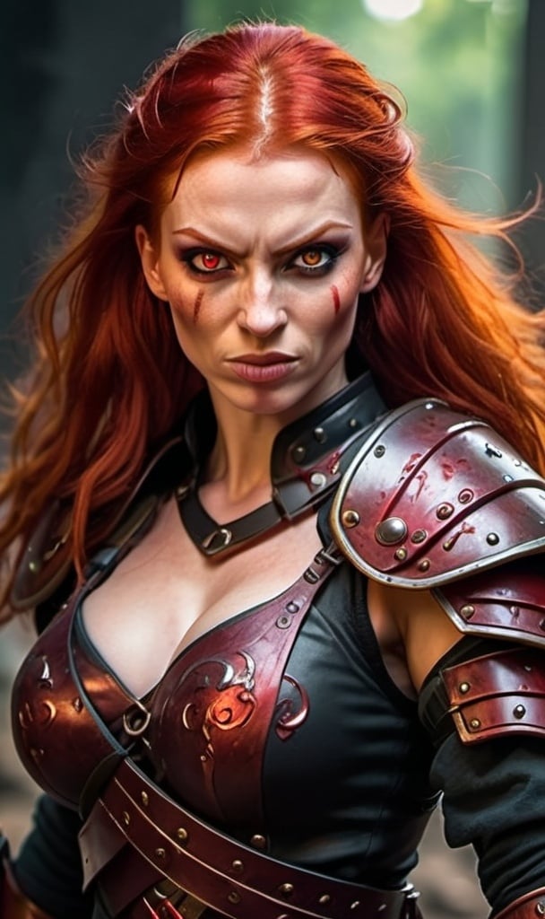 Prompt: Evil red-haired warrior woman with a mischievous grin. Carmine, red eyes. Fierce combat stance.