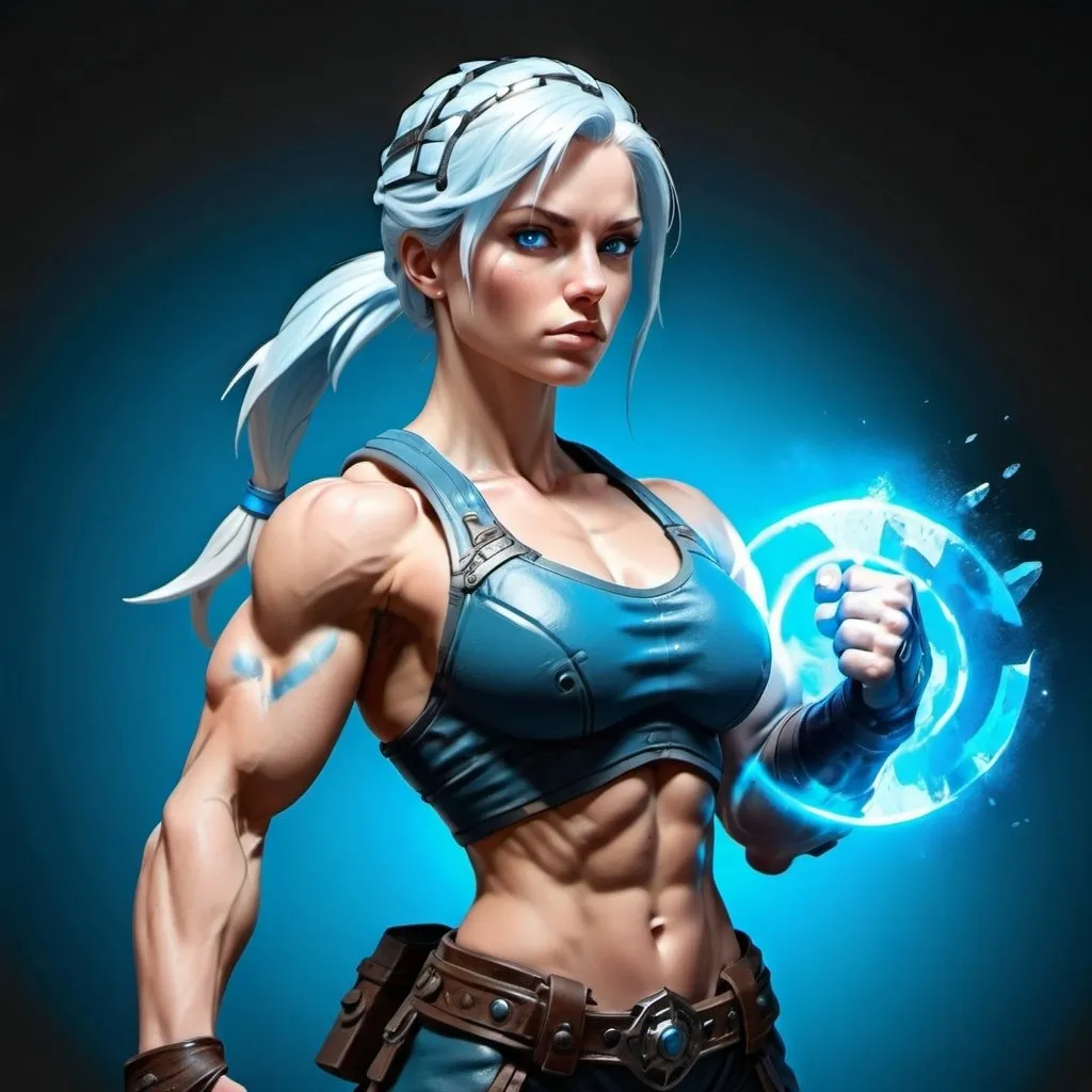 Prompt: Female figure. Greater bicep definition. Sharper, clearer blue eyes.  Frostier, glacier effects. Fierce combat stance. 