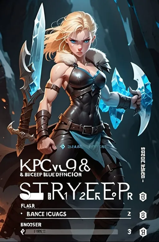 Prompt:  Female figure. Greater bicep definition. Sharper, clearer blue eyes. Blonde hair flapping. Nosebleed. Frostier, glacier effects. Fierce combat stance. Holding ice daggers. 
