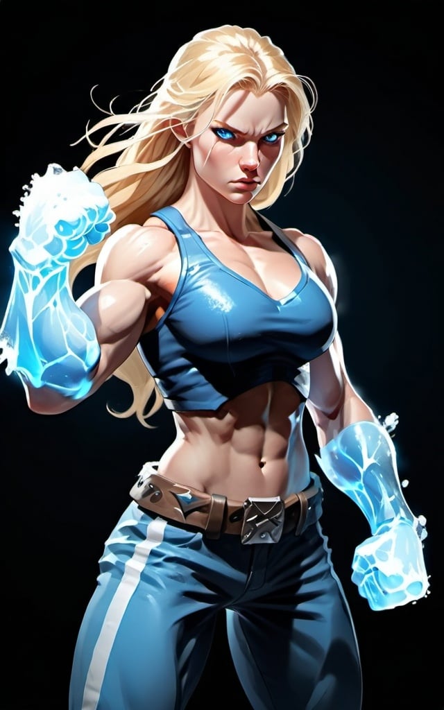 Prompt: Female figure. Greater bicep definition. Sharper, clearer blue eyes. Long Blonde hair flapping. Frostier, glacier effects. Fierce combat stance. Icy Knuckles. Raging Fists.