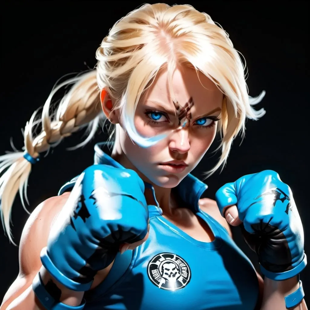 Prompt: Female figure. Greater bicep definition. Sharper, clearer blue eyes. Blonde hair.  Frostier, glacier effects.  Fierce combat stance. Raging Fists. 