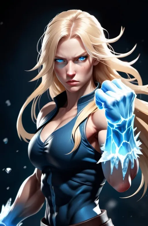 Prompt: Female figure. Greater bicep definition. Sharper, clearer blue eyes. Nosebleed. Long Blonde hair flapping. Frostier, glacier effects. Fierce combat stance. Raging Fists. Icy Knuckles.