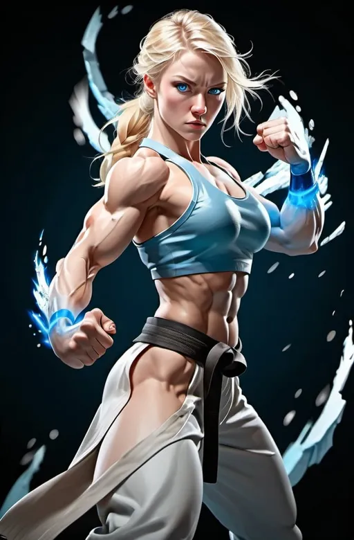 Prompt: Female figure. Greater bicep definition. Sharper, clearer blue eyes. Blonde hair flapping. Frostier, glacier effects. Fierce combat stance. Martial arts. 
