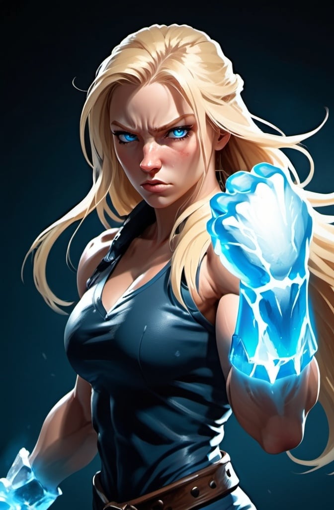 Prompt: Female figure. Greater bicep definition. Sharper, clearer blue eyes. Nosebleed. Long Blonde hair flapping. Frostier, glacier effects. Fierce combat stance. Raging Fists. Icy Knuckles.