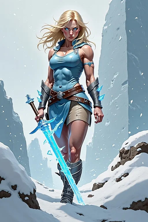 Prompt: @lbK8EQWu1r8WEqH2g1L6 A muscular female warrior wielding a shimmering sword of ice, standing in a frozen landscape. She is mid-action, gripping the icy blade with both hands, her stance powerful and determined. Her armor is sleek and metallic, reflecting cold blue and silver tones, with frost forming along the edges. Her hair flows behind her, caught in a gust of icy wind. The environment features jagged ice formations and a snow-covered ground under a pale, overcast sky. Soft blue light emanates from the sword, illuminating her focused expression. The scene is captured from a slightly low angle, emphasizing her strength and the glowing weapon, with swirling snow and icy particles adding a dynamic, wintry atmosphere.
