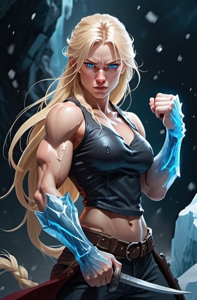 Prompt: Female figure. Greater bicep definition. Sharper, clearer blue eyes. Bleeding. Long Blonde hair flapping. Frostier, glacier effects. Fierce combat stance. Icy Knuckles.