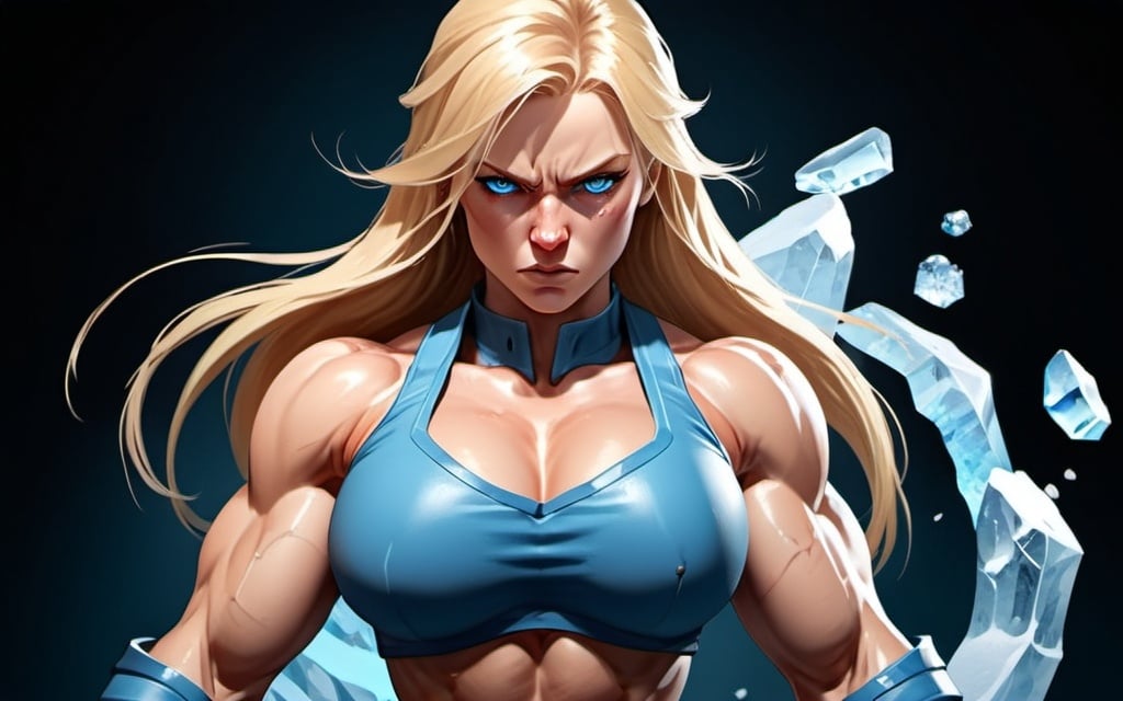 Prompt: Female figure. Greater bicep definition. Sharper, clearer blue eyes. Nosebleed. Long Blonde hair flapping. Frostier, glacier effects. Fierce combat stance. Raging Fists. Icy Knuckles. 