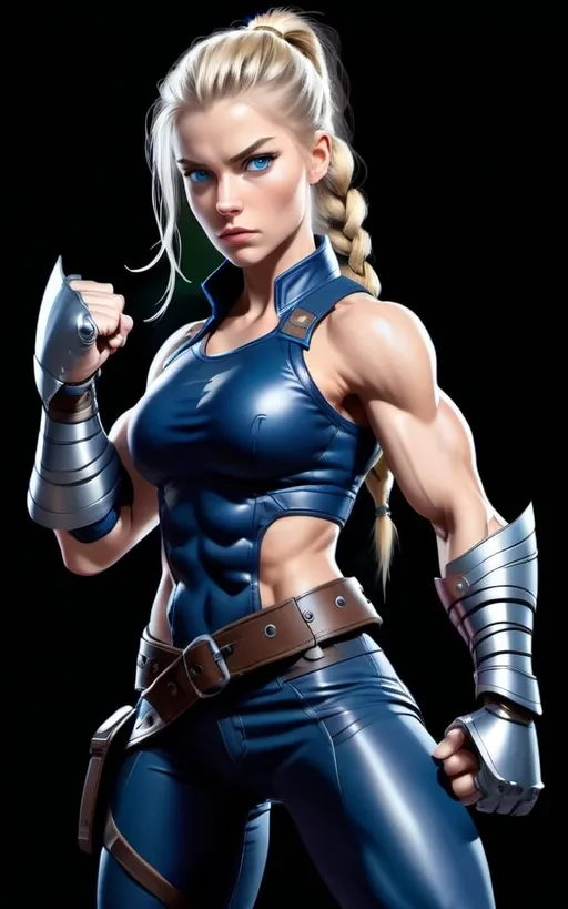 Prompt:  Female figure. Greater bicep definition. Dark Blue eyes. Blonde braided ponytail. Fierce combat stance. Raging Gravity-powered Gauntlets. 