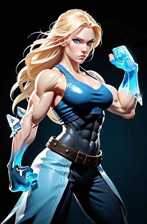 Prompt: Female figure. Greater bicep definition. Sharper, clearer blue eyes. Long Blonde hair flapping. Frostier, glacier effects. Fierce combat stance. Ice Fists.