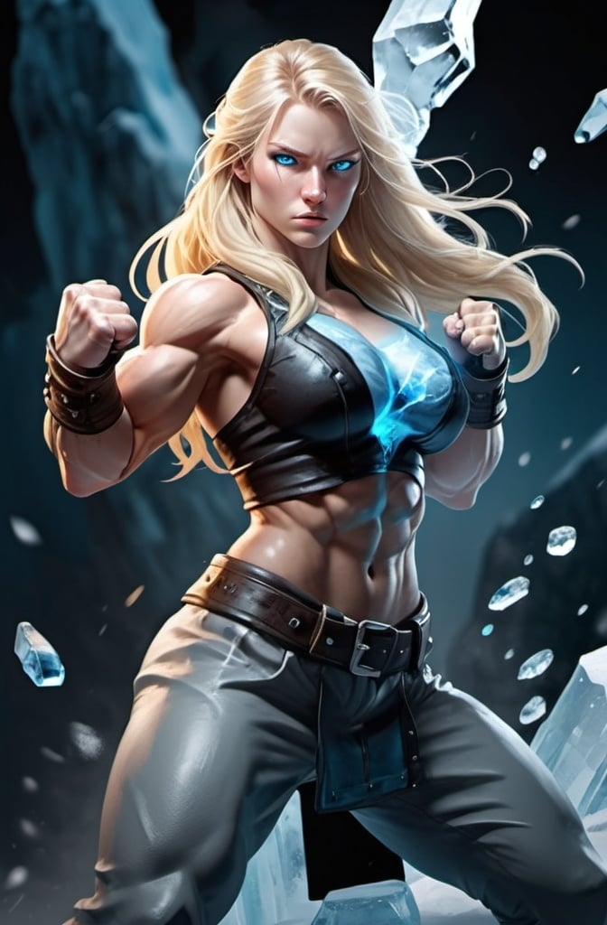 Prompt: Female figure. Greater bicep definition. Sharper, clearer blue eyes. Long Blonde hair flapping. Frostier, glacier effects. Fierce combat stance. Icy Knuckles. Raging Fists.