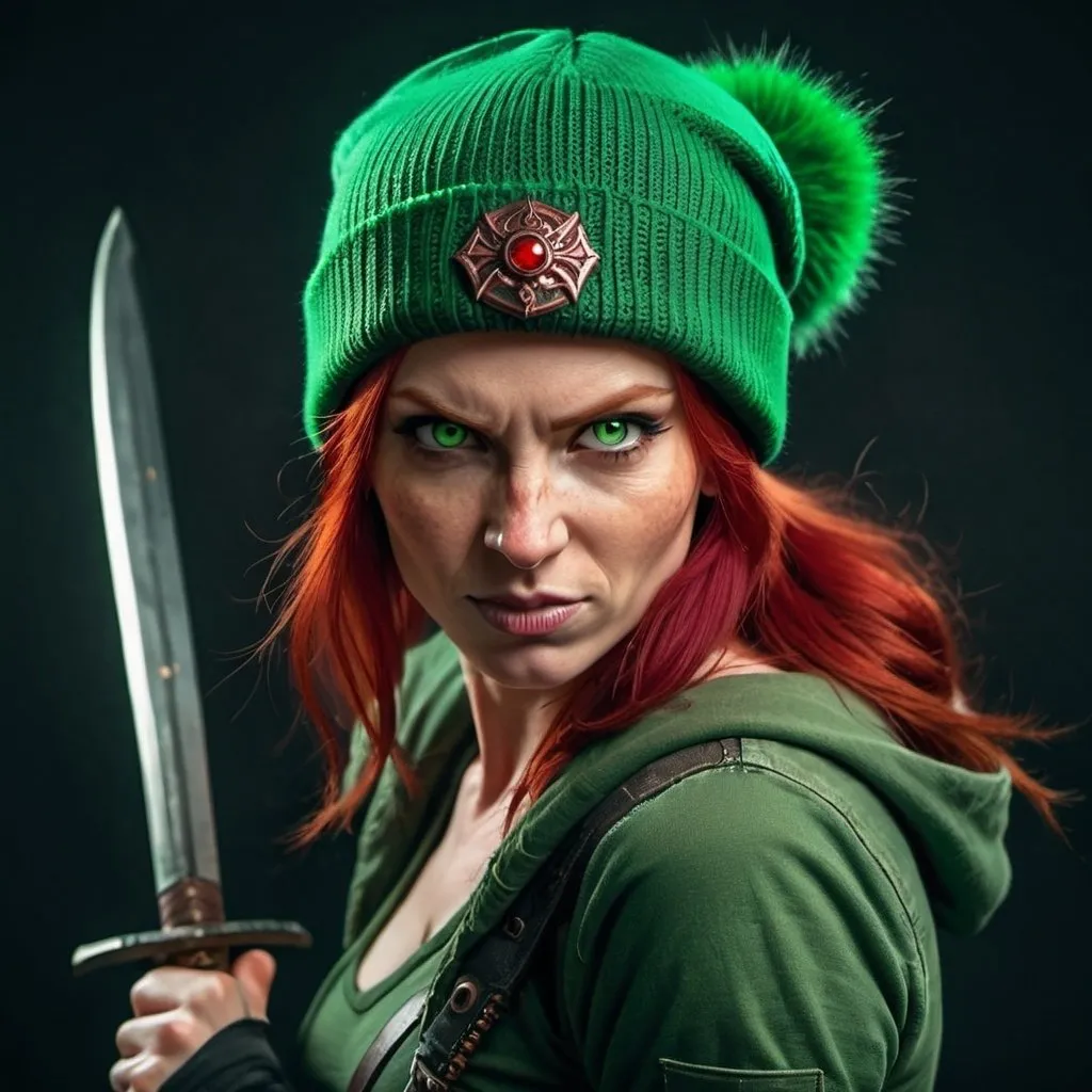 Prompt: Evil red-haired warrior woman, wearing a green beanie and a mischievous smirk. Carmine, red eyes. Fierce combat stance. 