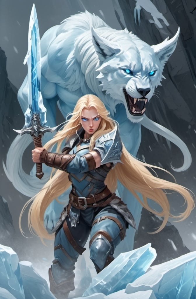 Prompt:  Female figure. Greater bicep definition. Sharper, clearer blue eyes. Nosebleed. Long Blonde hair flapping. Frostier, glacier effects. Fierce combat stance. Ice Daggers. 