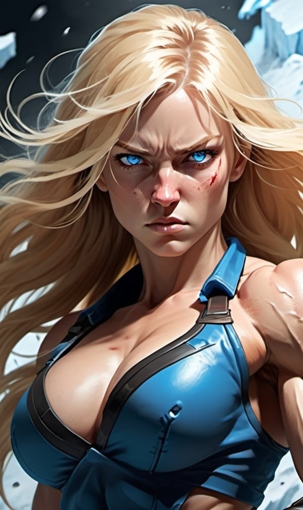 Prompt: Female figure. Greater bicep definition. Sharper, clearer blue eyes. Nosebleed. Long Blonde hair flapping. Frostier, glacier effects. Fierce combat stance. Raging Fists. 