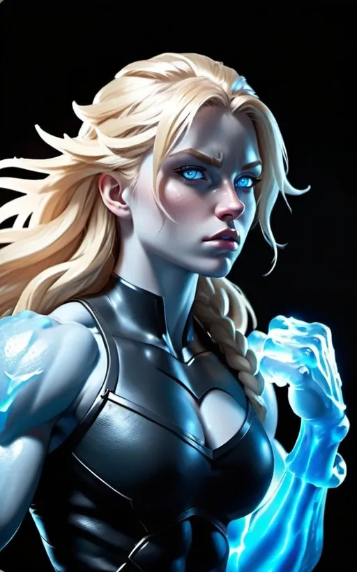 Prompt: Female figure. Greater bicep definition. Sharper, clearer blue eyes. Long Blonde hair flapping. Frostier, glacier effects. Fierce combat stance. Icy Knuckles.