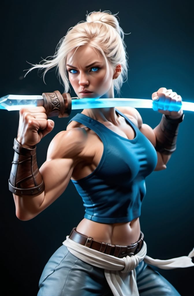 Prompt: Female figure. Greater bicep definition. Sharper, clearer blue eyes.  Frostier, glacier effects.  Fierce combat stance. Raging Fists. 