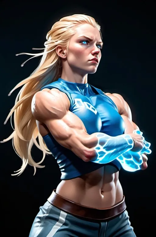 Prompt: Female figure. Greater bicep definition. Sharper, clearer blue eyes. Nosebleed. Long Blonde hair flapping. Frostier, glacier effects. Fierce combat stance. Icy Knuckles.