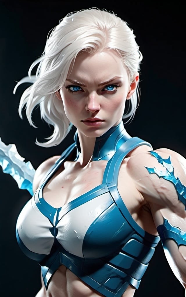 Prompt: Female figure. Pale Skin. Greater bicep definition. Sharper, clearer blue eyes.  Frostier, glacier effects. Fierce combat stance. 