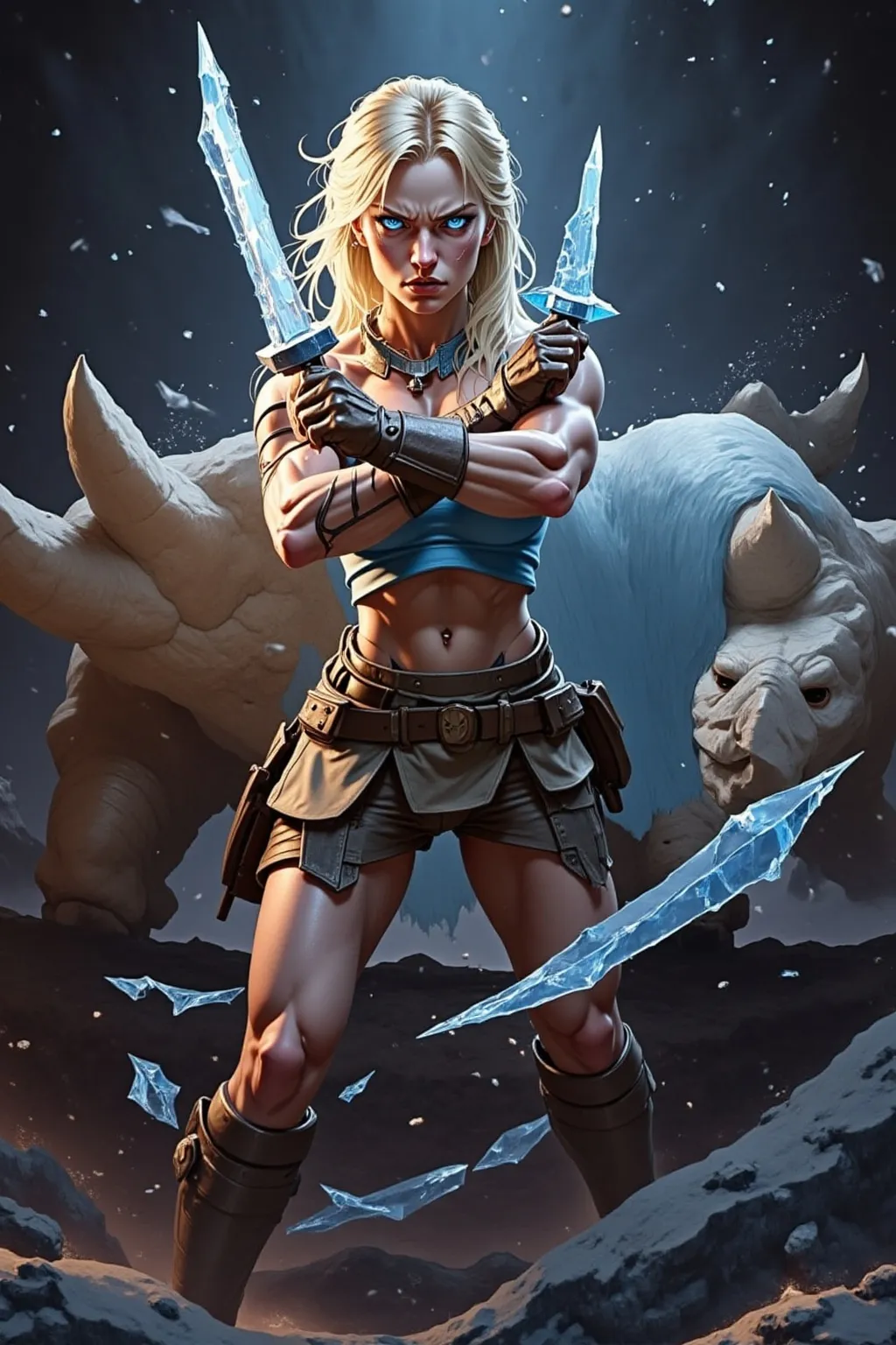 Prompt: @lbK8EQWu1r8WEqH2g1L6 A muscular female warrior in a fierce combat stance, wielding dual ice daggers, stands ready for battle. Her intense gaze is fixed ahead, showcasing determination and focus. The daggers glisten with frost, reflecting shards of light that illuminate her surroundings. She is positioned in a snowy landscape, with swirling snowflakes dancing around her, creating a dynamic atmosphere. The ground beneath her feet is slightly disturbed, hinting at recent movement. The scene is bathed in a cool, blue light, enhancing the icy theme and adding a sense of urgency. The camera captures her from a low angle, emphasizing her strength and readiness for action, as she prepares to strike.