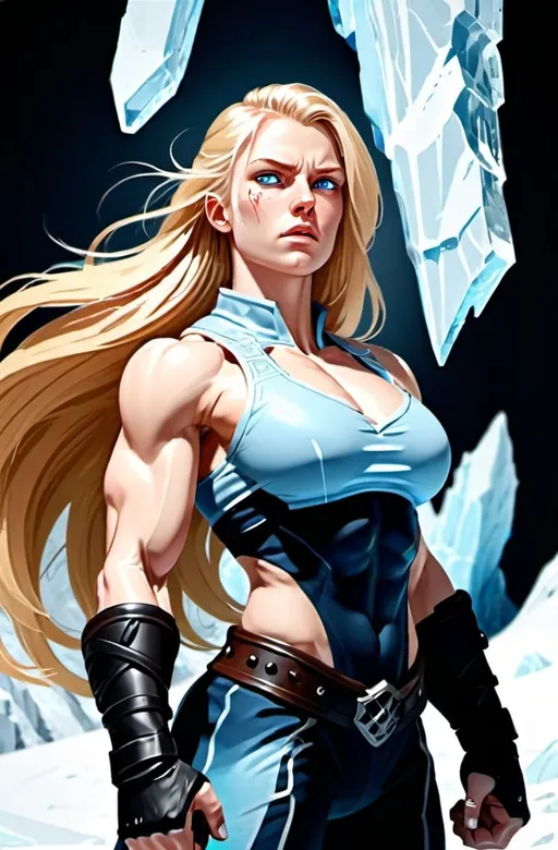 Prompt: Female figure. Greater bicep definition. Sharper, clearer blue eyes. Nosebleed. Long Blonde hair flapping. Frostier, glacier effects. Fierce combat stance. Icy Knuckles.