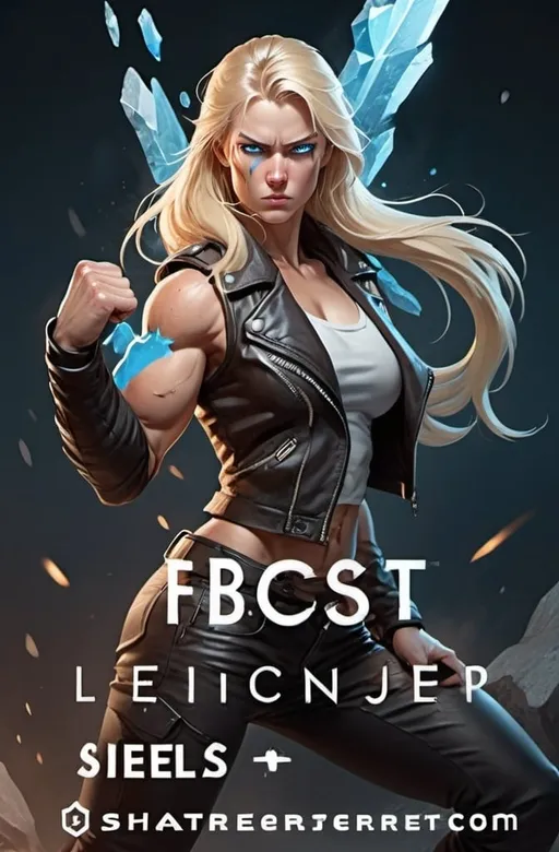 Prompt: Female figure. Greater bicep definition. Sharper, clearer blue eyes. Nosebleed. Long Blonde hair flapping. Frostier, glacier effects. Fierce combat stance. Leather Jacket.  