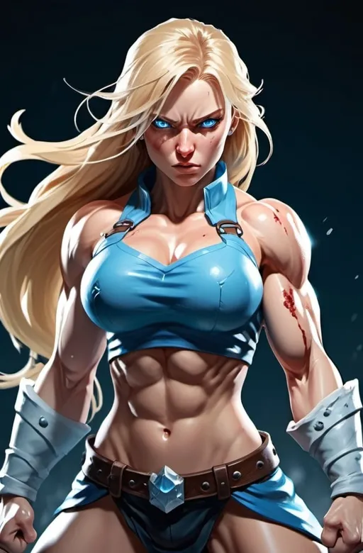 Prompt: Female figure. Greater bicep definition. Sharper, clearer blue eyes. Bleeding. Long Blonde hair flapping. Frostier, glacier effects. Fierce combat stance. Raging Fists. Icy Knuckles. 